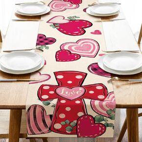 Christian Valentines Day Cross Table Runner, Religious Pink Red Love Hearts Kitchen Dining Table Decoration, Anniversary Wedding Burlap Indoor Outdoor Home Decor Party Supply 13 x 72 Inches