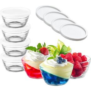 16pc Set of Small Glass Bowls with Airtight Lids - 8oz Stackable Custard Cups - 8 Clear Mise en Place Food Prep Bouillon Cups & Mixing Bowls + 8 Lids for Sauces Dips, Nuts Oats, Candy Dessert, Cereal.