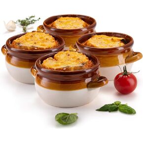 French Onion Soup Bowl, by Kook, French Onion Soup, Oven Safe Bowls, Soup Crocks, Ceramic, Handles, Stoneware, Dishwasher, Microwave, Oven & Broil Safe 16oz Standard Capacity & 18oz Full Capacity Set of 4