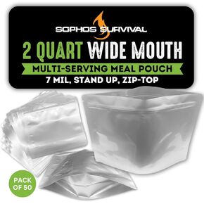 50 Mylar Bags for Food Storage, Airtight 7-Mil Thick Gusseted Zip Lock, Long Term, Reusable, Emergency Food Supply & Freeze Dryer Bags - 2 Quart 9.5x10.5 Inch