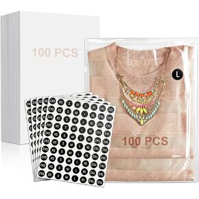 100PCS 10"x13" T-shirt Packaging Bags with Cardboard and Clothing Size Stickers, Thick Clear Plastic Cellophane Tee Shirt Packing Wrapping Clothes Bags, T-shirt Package Set