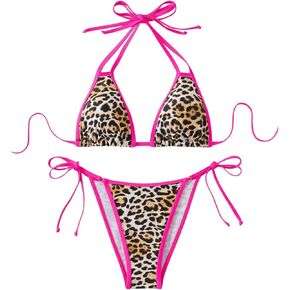 Verdusa Women's 2 Piece Leopard Print Triangle Swimsuit Halter Tie Side String Bikini Sets
