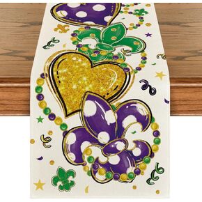 Artoid Mode Stripes Iris Jewellery Hearts Mardi Gras Table Runner, Seasonal Kitchen Dining Table Decoration for Home Party Decor 13x72 Inch