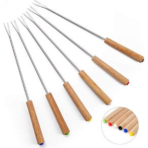 Set of 6 Stainless Steel Fondue Forks, 9.5 Inches Cheese Fondue Sticks Smore Sticks with Wooden Handle Heat Resistant for Chocolate Fountain Cheese Fondue Roast Marshmallows Fruits