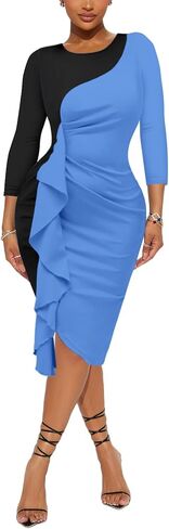 Women's Ruffle Wear to Work Dress, Long Sleeve Crew Neck Colorblock Sheath Bodycon Midi Dresses in Kuwait