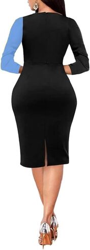 Women's Ruffle Wear to Work Dress, Long Sleeve Crew Neck Colorblock Sheath Bodycon Midi Dresses in Kuwait