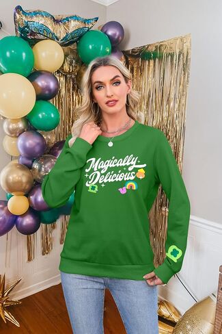 ALLTB St Patrick's Day Sweatshirt Women Lucky Shamrock Graphic Pullover Magically Delicious Letter Print Long Sleeve Top in Saudi Arabia