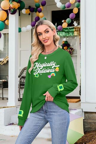 ALLTB St Patrick's Day Sweatshirt Women Lucky Shamrock Graphic Pullover Magically Delicious Letter Print Long Sleeve Top in Saudi Arabia