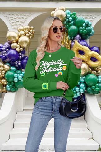 ALLTB St Patrick's Day Sweatshirt Women Lucky Shamrock Graphic Pullover Magically Delicious Letter Print Long Sleeve Top in Saudi Arabia