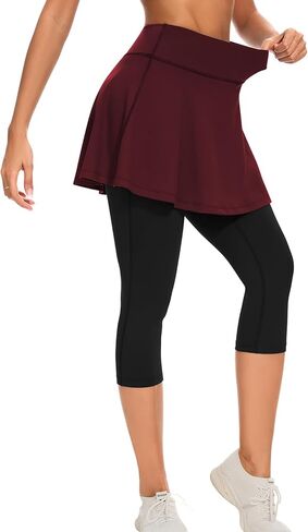 طماق تنس Woweny مع جيوب للنساء النشطين الكشكش غولف كابريس مع Skort Pickleball Yoga تشغيل in Kuwait