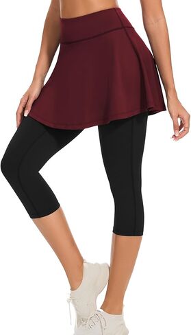 طماق تنس Woweny مع جيوب للنساء النشطين الكشكش غولف كابريس مع Skort Pickleball Yoga تشغيل in Kuwait