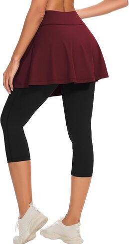 طماق تنس Woweny مع جيوب للنساء النشطين الكشكش غولف كابريس مع Skort Pickleball Yoga تشغيل in Kuwait