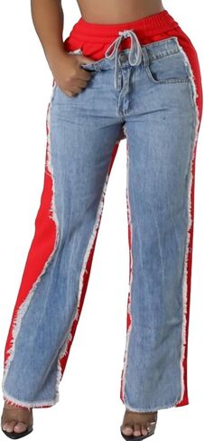 Unybwonn Baggy Patchwork Jeans Color Block Low Waisted Streetwear Ripped Trousers Straight Wide Leg Trendy Cargo Pants in Kuwait