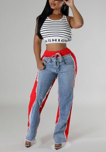 Unybwonn Baggy Patchwork Jeans Color Block Low Waisted Streetwear Ripped Trousers Straight Wide Leg Trendy Cargo Pants in Kuwait