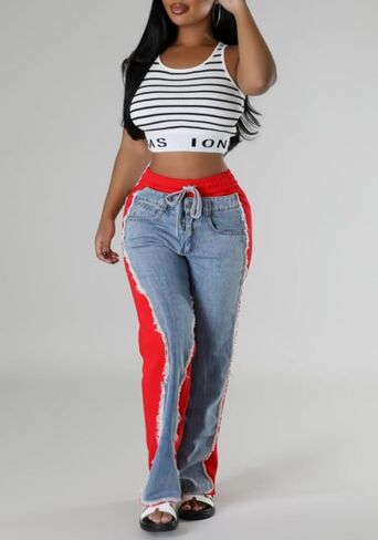 Unybwonn Baggy Patchwork Jeans Color Block Low Waisted Streetwear Ripped Trousers Straight Wide Leg Trendy Cargo Pants in Kuwait