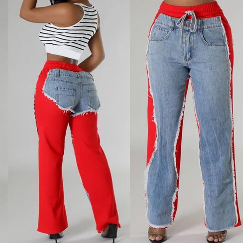 Unybwonn Baggy Patchwork Jeans Color Block Low Waisted Streetwear Ripped Trousers Straight Wide Leg Trendy Cargo Pants in Kuwait