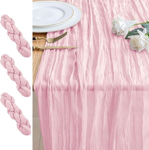 3PCS Table Runner Cheesecloth 10FT Blushing Pink Boho Gauze Cheese Cloth Rustic Sheer Table Runners for Valentine's Day Spring Easter Wedding Bridal Baby Shower Party Decoration in Saudi Arabia