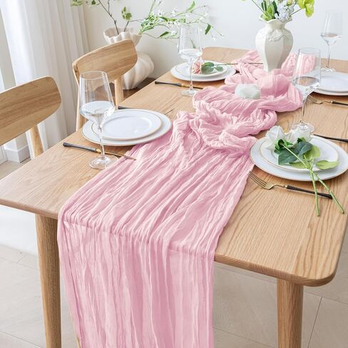 3PCS Table Runner Cheesecloth 10FT Blushing Pink Boho Gauze Cheese Cloth Rustic Sheer Table Runners for Valentine's Day Spring Easter Wedding Bridal Baby Shower Party Decoration in Saudi Arabia