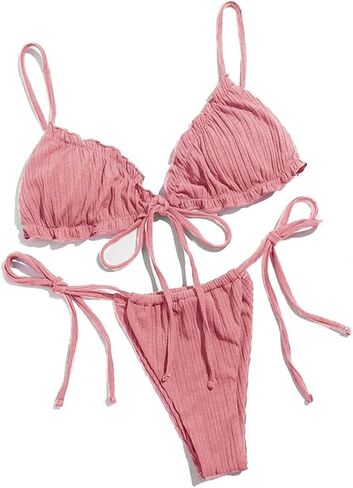 Lilosy Sexy Ribbed Padded String Thong Brazilian Bikini Swimsuit Set for Women Side Tie Knotted Bathing Suit 2 Piece in Saudi Arabia