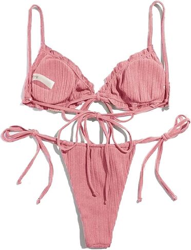 Lilosy Sexy Ribbed Padded String Thong Brazilian Bikini Swimsuit Set for Women Side Tie Knotted Bathing Suit 2 Piece in Saudi Arabia