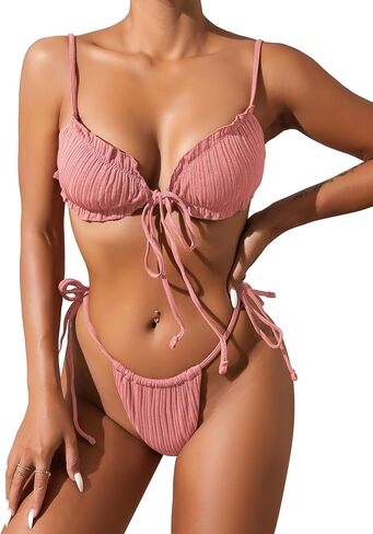 Lilosy Sexy Ribbed Padded String Thong Brazilian Bikini Swimsuit Set for Women Side Tie Knotted Bathing Suit 2 Piece in Saudi Arabia