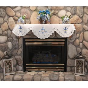 Embroidered Fireplace Mantel Scarf with Blue and White Blue Bonnets and Cut Work (19Wx90L)
