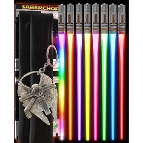 Saberchops Lightsaber Chopsticks تضيء حرب النجوم LED قابلة لإعادة الاستخدام 8 أوضاع ملونة - 4 أزواج حرة الألفية الفقرة فتحات القلقات المفاتيح متعددة الألوان