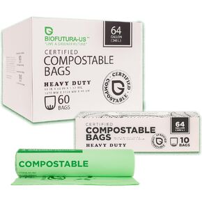 BIOFUTURA US Certified Compostable Bags, 64 Gallon, 246 Lter, 10 Count, 47 x 60 Inches, Heavy Duty 1.57 Mils