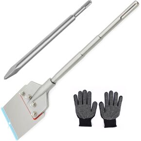 SDS Max Floor Scraper 6 in. x 24 in. Wide Tile Flooring Adhesives Remover, Thinset Removal Tool Chisel Bit with Spare Blades & Point Concrete Chisel & Gloves