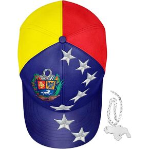 Gorra Tricolor de Venezuela con Escudo y Estrellas + Cadenita Plateada de Ñapa con Mapa de Venezuela | Pa' Los Vinotinto y Patriotas | Ideal pa' Fiestas y Rumbas