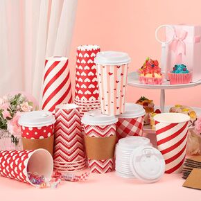 Sosation 90 Pcs/30 Set Valentine's Day Coffee Paper Cups with Lids and Sleeves 12 oz Disposable Hot Cocoa Cups Valentines Pink Paper Beverage Cups for Hot Chocolate Coffee Bar Accessories, 6 Styles