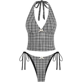 ZAFUL Women's Halter Tankini Set V Neck Tummy Control Floral Printed Tie Side Thong Bikini Swimsuits 2 Piece Bathing Suits
