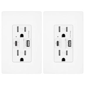 Micmi USB C + A Outlet PD 65W GaN + Power Delivery Receptacle 6.5A with Type A and Type C Ports, 125 Volt Tamper-Resistant for USB-C Cellphone W/Wallplate UL Listed (2Pack, White, 15Amp 65W USB C+A)