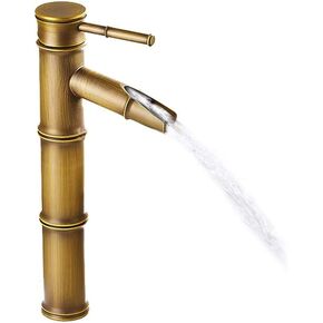 Oak-Pine Bamboo Design Waterfall Faucet- Antique Copper Commercial Modern Bronze Rubbed Stainless Steel 3 Joint Faucet for Bathroom Lavatory Sink Faucet without Pop Up Drain, Bronze