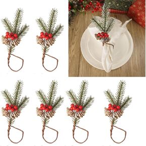 Christmas Napkin Rings Set of 6, Snowy Pine Cone Napkin Rings with Berries Xmas Serviette Buckle Holder for Christmas Holiday Dinner Party Table Decoration