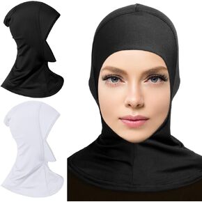 2 Pieces Modal Hijab Cap Adjustable Muslim Stretchy Turban Full Cover Shawl Cap Full Neck Coverage for Lady (White, Black)