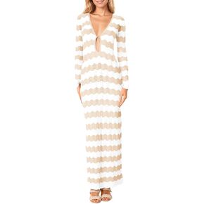 Saodimallsu Womens Crochet Summer Maxi Dress Striped Sexy Cut Out V Neck Long Sleeve Knit Cover Up Beach Dresses