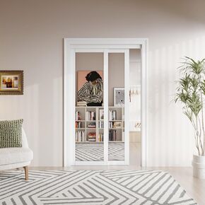 Mirrored Sliding Closet Door 48"(Double 25") x 80" Interior Doors with Hardware Kit & Floor Guide, Preassembled One Side Mirror Door Pre-Drilled Easy Install