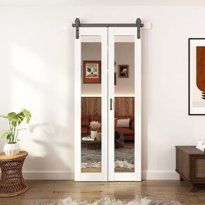 JUBEST Bifold Barn Doors Mirror Closet Door, Bi fold Sliding Barn Door with Hardware Include, Shatterproof Mirror Door Panels, Barn Door Hardware kit, 30" x 84" Bi Fold Door with Track Kit & Handle