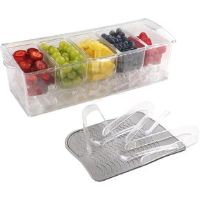 Ice Chilled Condiment Containers with Hinged Lid - Chilled Condiment Server with Lid, Clear Serving Tray Includes 5 Detachable Compartments, 3 Tongs, 3 Spoon and 1 Grey Pad