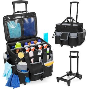Large Rolling Cleaning Caddy with Detachable Trolley & Lid, Cleaning Cart on Wheels with Shoulder Strap & Handles, Cleaning Supplies Organizer with Multi Pockets for Cleaning Tools Storage