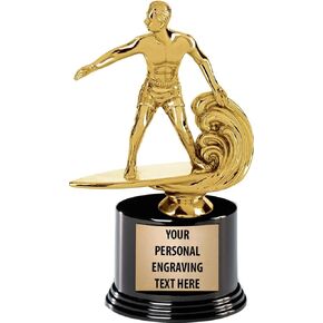 Crown Awards Surfing Trophies with Custom Engraving, 7.25" Personalized Male Surfer Trophy On Deluxe Round Base Prime