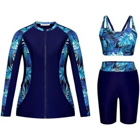 Hanna Nikole Women's 3 Piece Plus Size Rash Guard Long Sleeve Swim Shirt Sun Protection Swimsuits with Zip Pockets