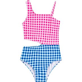 LIZENS Girls One Piece Plaid 2-12Years Swimwear Checkered Cut Out Color Block Beach Swimsuit
