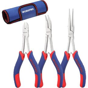 WORKPRO Mini Needle Nose Pliers Set, 3-Piece Small Long Reach Nose Pliers Kit Includes 7" Needle Nose Plier, 6" Bent Nose Plier, 5-1/2" Diagonal Plier for Hard to Reach Narrow Spaces