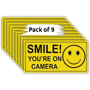 9 x Smile You're on Camera Stickers for Business – 4x2 Inch – Self-Adhesive Vinyl Decal, Laminated for Ultimate UV Protection, Fade Resistance, Security Camera Sign for Home, Business, CCTV
