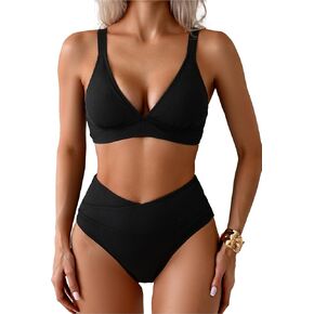 Sexy Ribbed Bikini Set Womens V-Cut Bathing Suit High Waisted Tummy Control Longline Swimsuit 2 Piece High Cut