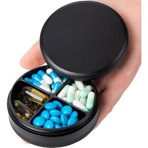Portable Pill Box 4 Compartments - Metal Daily Travel Pill Case Waterproof, Pill Container for Purse, Compact Travel Medicine Organizer Pill Dispensers Holder for Vitamin, Fish Oil, Supplement (Black)