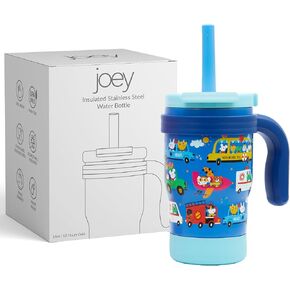 Joey 14oz Water Bottle with Handles for Kids Leakproof Insulated Double Wall Stainless Steel Tumbler Cup with Lid & Spill-Proof Straw, Silicone Sleeve, Keeps Drinks Cold up to 18 Hrs (Blue Car Design)