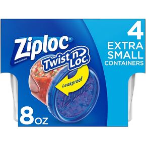 Ziploc Extra Small Round Twist 'n Loc Food Storage Meal Prep Containers, Reusable for Lunch and Leftovers, Dishwasher Safe, 4 Containers and 4 Lids